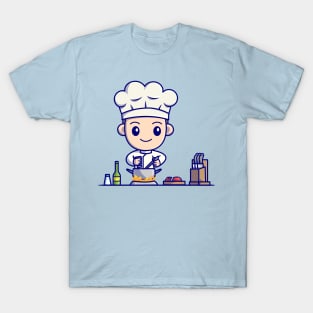 Cute Boy Chef Cooking In Kitchen Cartoon T-Shirt